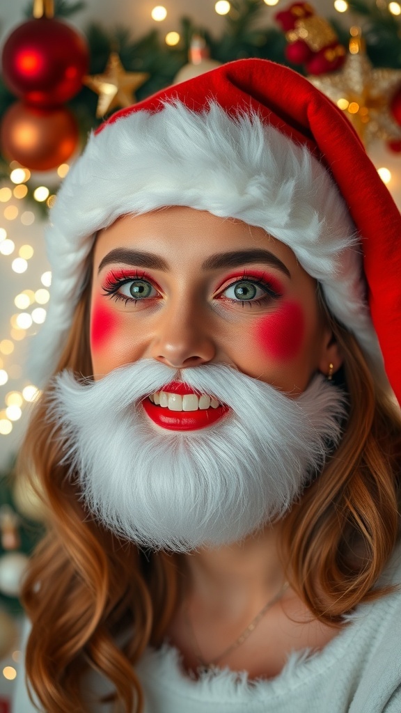 A festive Santa makeup look with red lips, rosy cheeks, and a Santa hat.
